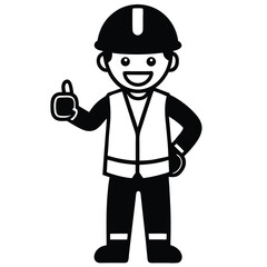 A happy construction worker cartoon character wearing a hard hat and safety vest giving a thumbs up