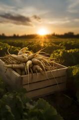 Parsnip root harvested in a wooden box with field and sunset in the background. Natural organic fruit abundance. Agriculture, healthy and natural food concept. Vertical composition.