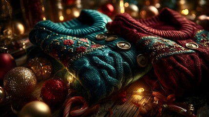 Fototapeta premium Cozy folded Christmas sweater surrounded by festive decorations and candy