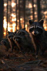 Racoon dog family in the forest with setting sun shining. Group of wild animals in nature.