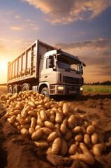 Cargo truck carrying lemon fruit in an orchard with sunset. Concept of food production, transportation, cargo and shipping.