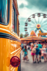 Bright yellow school bus in crisp close-up, joyful children stepping off into a colorful fairground with Ferris wheels. Motion, excitement & nostalgia captured in a cinematic, vibrant scene.