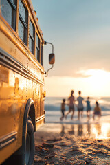 Golden-hour school bus parked near a scenic beach as joyful children dash towards the waves, leaving their shoes behind. Nostalgic coastal adventure, soft focus, cinematic realism.