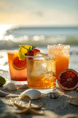 Vibrant summer cocktails garnished with tropical fruits on a sandy beach, with blurred seashells, starfish, and waves in the background, blending refreshment and coastal charm with low depth of focus.