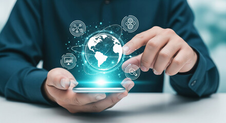 Person's hands holding smartphone, displaying a digital globe with network icons above, symbolizing global connectivity and digital technology, showcasing business and technology concepts