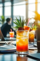 Vibrant summer cocktails garnished with tropical fruits in a business office, with blurred businessmen, laptops, and papers in the background, blending refreshment with professionalism.