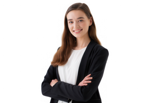 A confident young businesswoman, isolated on transparent background, smiles with arms crossed, wearing a black blazer and white top