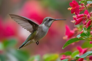 Fototapeta premium Close up view of a hummingbird hovering near vibrant pink blossoms in a colorful garden setting