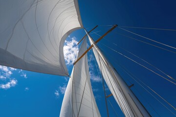 Close up view of sailboat rigging and mast under a bright blue sky with fluffy clouds