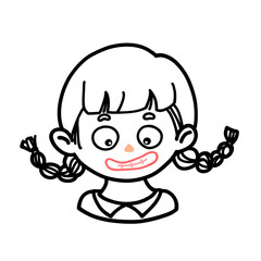 Excited Girl with Braids – Line Art Cartoon Illustration