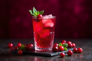 Cranberry Juice with Ice and Mint – Refreshing Red Drink in Glass on Dark Slate with Fresh Berries and Cold Beverage Aesthetic