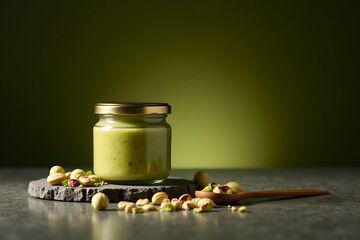 Creamy Pistachio Butter in Clear Glass Jar – Gourmet Nut Spread Styling with Granite Slab, Green Backdrop, and Natural Ingredient Appeal