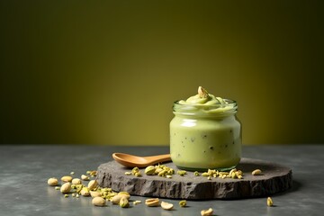 Creamy Pistachio Butter in Clear Glass Jar – Gourmet Nut Spread Styling with Granite Slab, Olive Green Backdrop, and Natural Ingredient Appeal