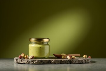 Creamy Pistachio Butter in Clear Glass Jar – Gourmet Nut Spread Styling with Granite Slab, Olive Green Backdrop, and Natural Ingredient Appeal