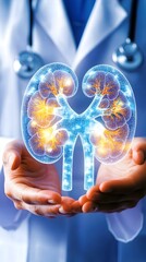 Doctor holding digital kidney model, medical background