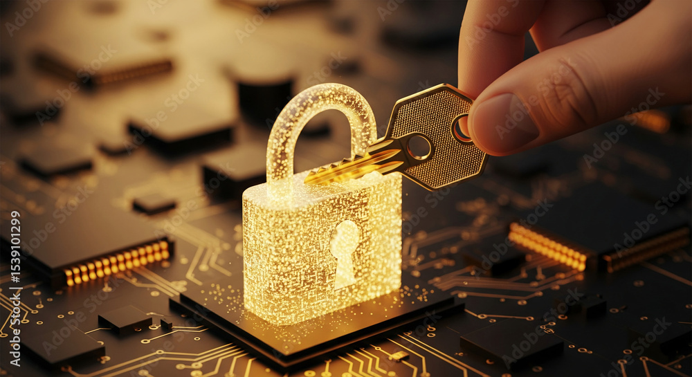Poster golden key entering glowing padlock on circuit board, symbolizing digital security and data protecti