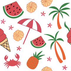 Seamless vector pattern illustration set with autumn leaves, fruits, and vegetables