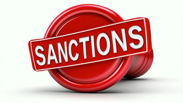 Economic sanctions concept with red 3d seal rotation and motion