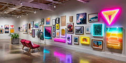 Panoramic interior view of a modern gallery with neon lights and eclectic wall art