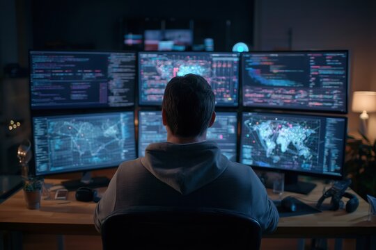 Cybersecurity expert monitors global activity with multiple screens in a dark office environment during evening hours - Powered by Adobe
