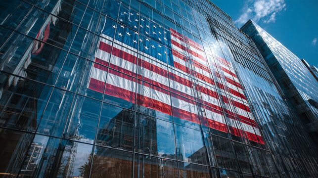 Fireworks reflecting on a glass building with a giant American flag displayed on the facade. stock image, hd quality,