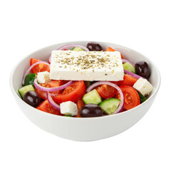 A bowl of Greek salad with olives, feta, tomatoes, cucumber, and red onions