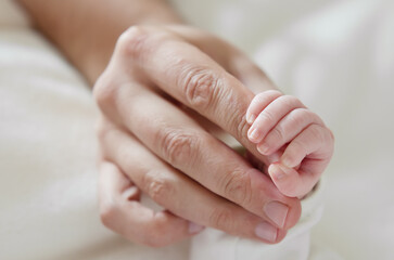 Little hand of baby holding dad's finger