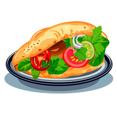 Pita bread with meat and greens on a plate