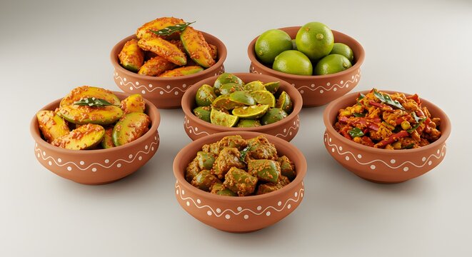 indian food Assortment of Indian Pickles in Terracotta Bowls: Mango, Lime, and Mixed Vegetable