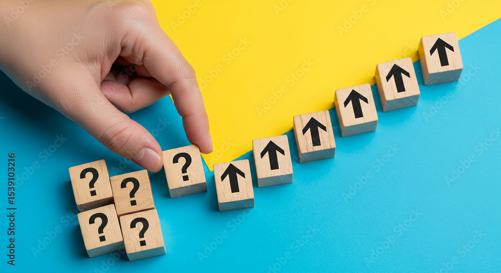 Poster hand placing wooden cube with question mark, next to cubes with upward arrows on blue and yellow bac