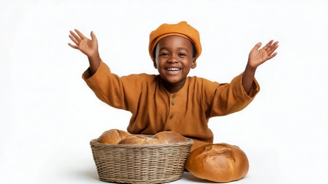 Joyful child celebrating with fresh bread in a white studio setting