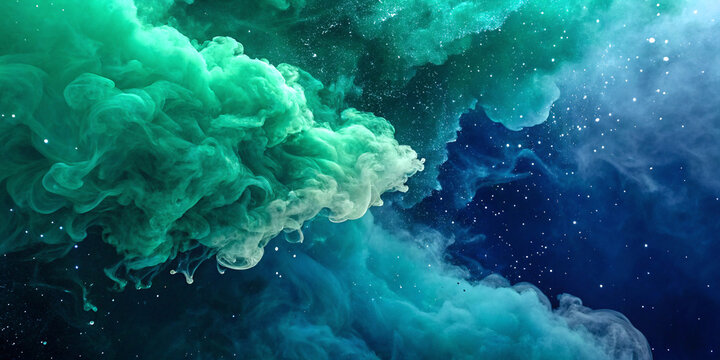 Vivid abstract ink cloud resembling a cosmic nebula, blending green and blue hues in space-like swirls. Ideal for sci-fi backgrounds, tech posters, album covers, modern art prints, and digital wallpap