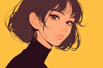 Anime Girl Portrait with Brown Hair and Yellow Background