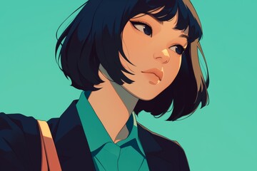 Anime Short-Haired Woman Portrait with Teal Shirt