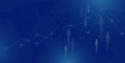 Business growth arrow and tech circuit lines on dark blue background with market graph and financial data strategy. Eps 10