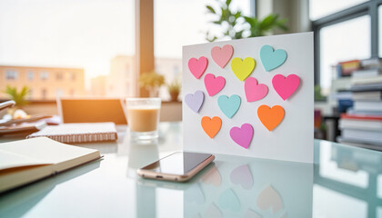 Colorful heart-shaped sticky notes on desk with coffee and phone  