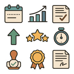 Handwriting Progress Icons. Flat icon set of handwriting progress tracking: calendar icon, level chart,
