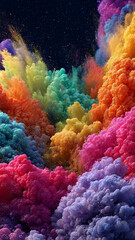 A bright explosion of colors, reminiscent of an abstract cloud formation of multi-colored powder, against the dark background of space, creates a surreal and captivating visual impression.
