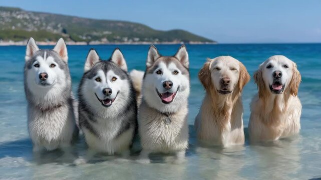 Happy dogs enjoying the beach  playful huskies and retrievers splash in crystal blue water