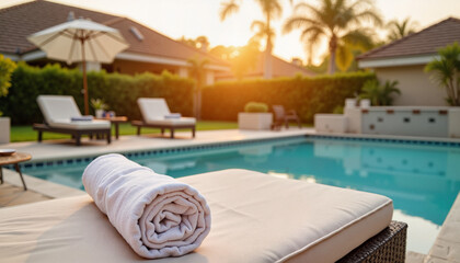 Fototapeta premium Cozy patio by swimming pool with rolled towel and sunset background 