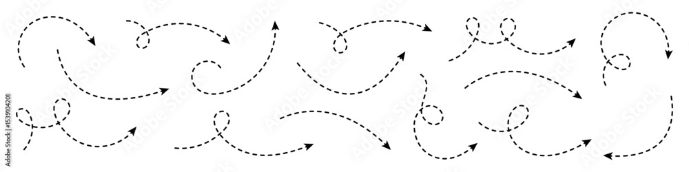 Poster set of dashed curved arrows.