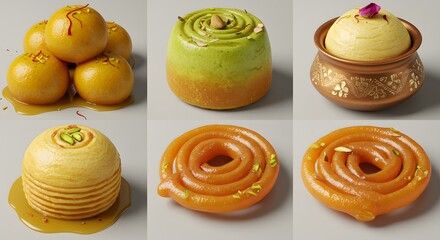 indian food Assorted Indian Sweets: Gulab Jamun, Barfi, Rasmalai, Jalebi - 3D Render