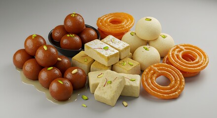 indian food Assorted Indian Sweets: Gulab Jamun, Jalebi, Barfi & Rasgulla