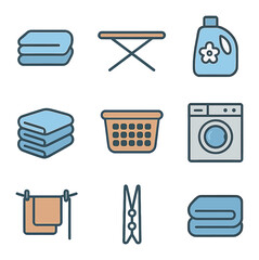 Household Linen Icons. Flat icon set of household linen care: folded towel, ironing board, fabric softener,