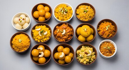 indian food Assorted Indian Sweets and Desserts: Motichoor Ladoo, Kheer, and More