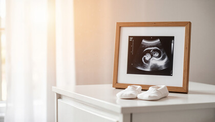 Baby ultrasound image in frame with white booties on dresser  