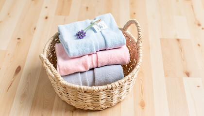 Fototapeta premium Soft folded towels arranged in a wicker basket on wooden floor 