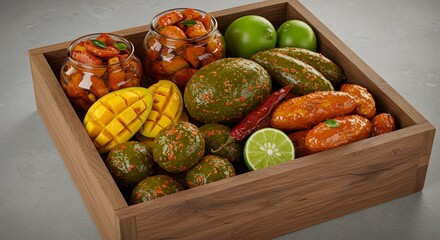 indian food Assorted Indian Pickles in Wooden Box: Mango, Lime, Chili