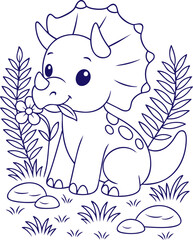 Cute triceratops eating flower in cartoon outline style