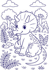 Smiling triceratops holding flower in prehistoric forest outline